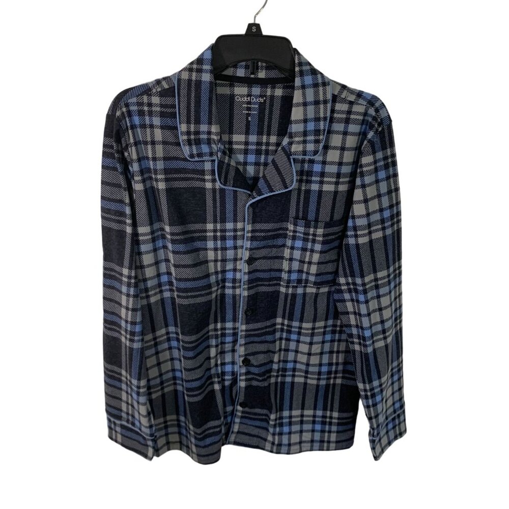 Cuddl Duds Navy Plaid Pajama Top Button-Up Long Sleeve S